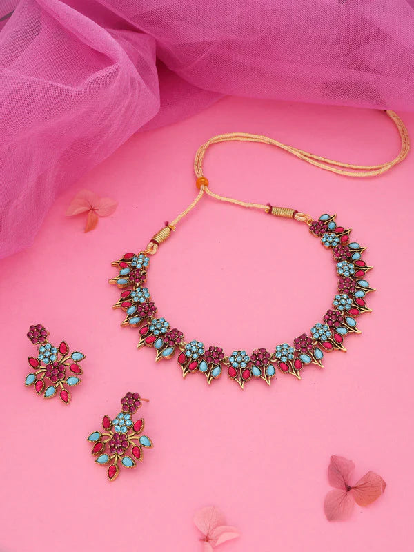 Tehzeeb Creation Pink & Sky Blue colour Gold pleated stone studded Nacklace with earrings THZ207