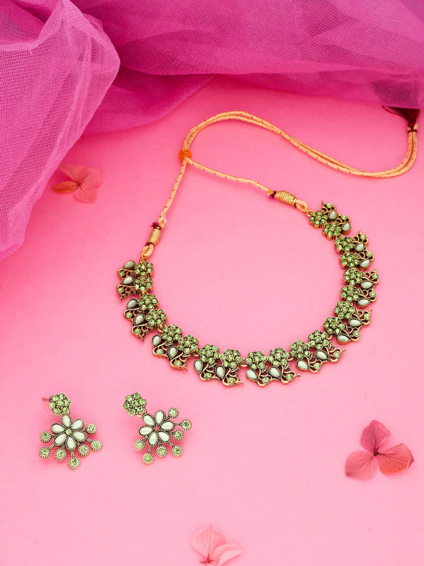 Tehzeeb Creation rose gold pleated sea green & baby pink choker nacklace with dangle earrings THZ274