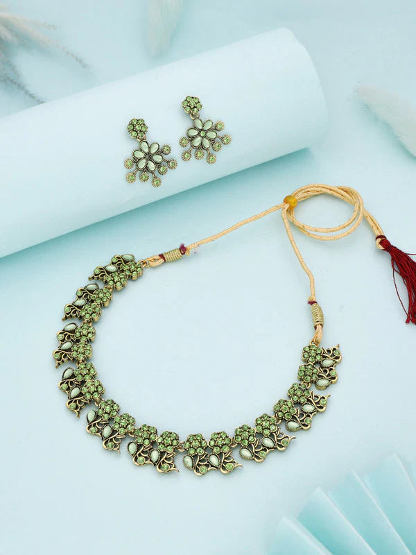 Tehzeeb Creation rose gold pleated sea green & baby pink choker nacklace with dangle earrings THZ274