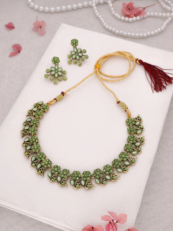 Tehzeeb Creation rose gold pleated sea green & baby pink choker nacklace with dangle earrings THZ274