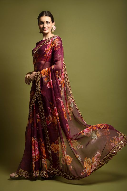 Aastha Wine Heavy soft Chiffon Heavy Mono Banglori beautiful floral Print Work