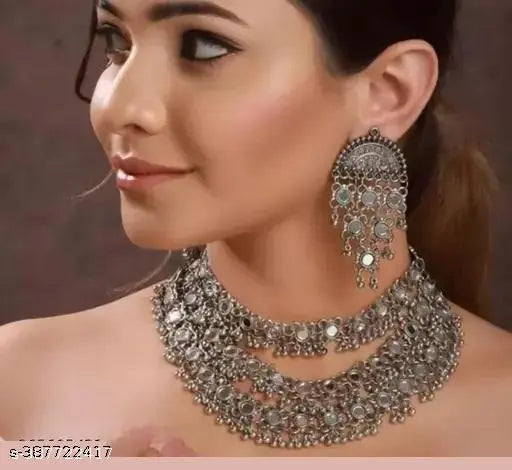 WOMENS SILVER COLOUR OXIDISED NACKLACE SET WITH MIRROR DESIGN THZ022