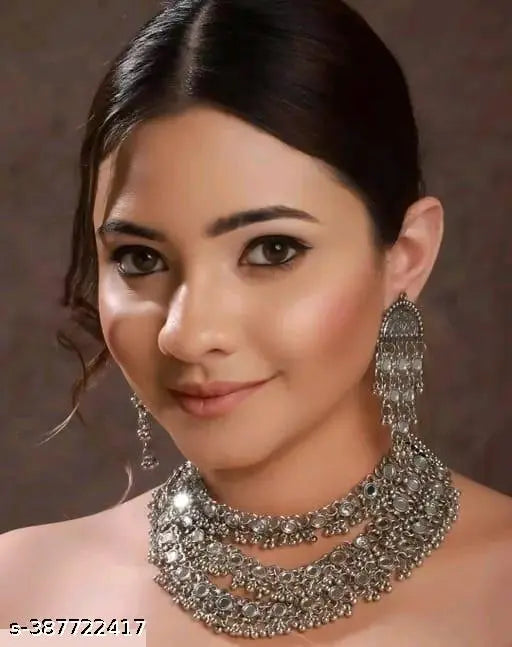 WOMENS SILVER COLOUR OXIDISED NACKLACE SET WITH MIRROR DESIGN THZ022