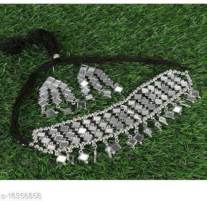 WOMENS SILVER COLOUR OXIDISED NACKLACE SET WITH MIRROR DESIGN THZ023