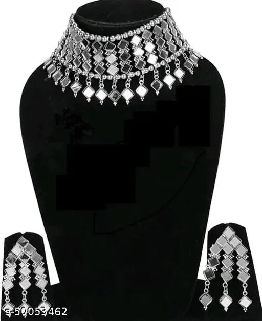 WOMENS SILVER COLOUR OXIDISED NACKLACE SET WITH MIRROR DESIGN THZ042