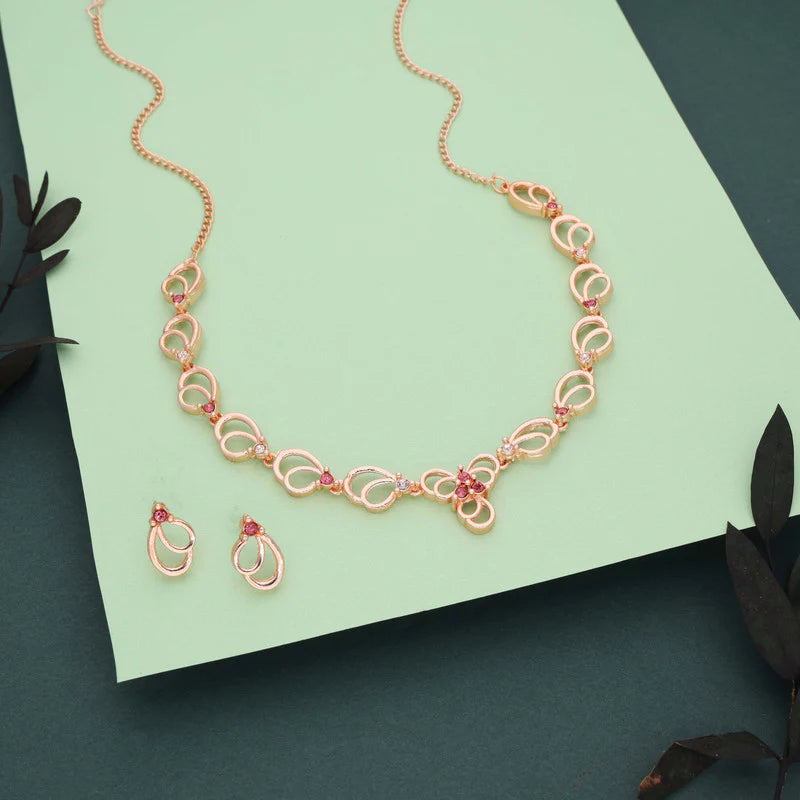 Tehzeeb Creations gold pleated choker pink stone nacklace with stud earrings THZ264