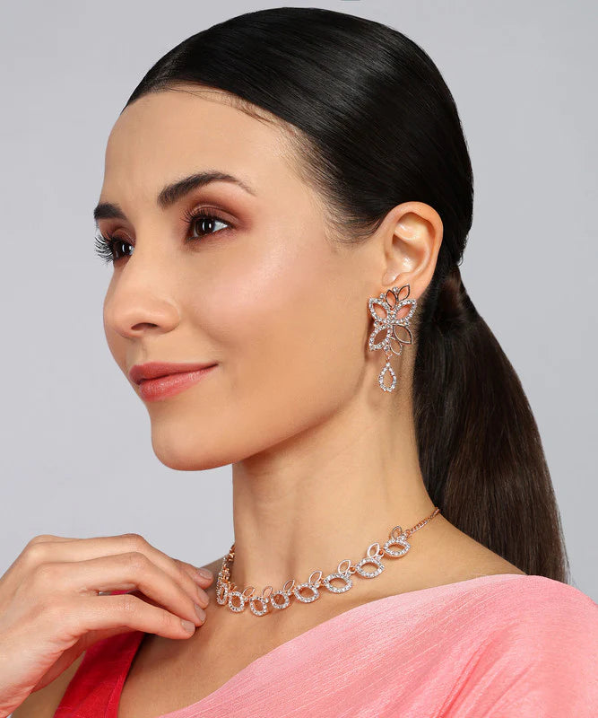 Tehzeeb Creations rose gold pleated nacklace with stud THZ266