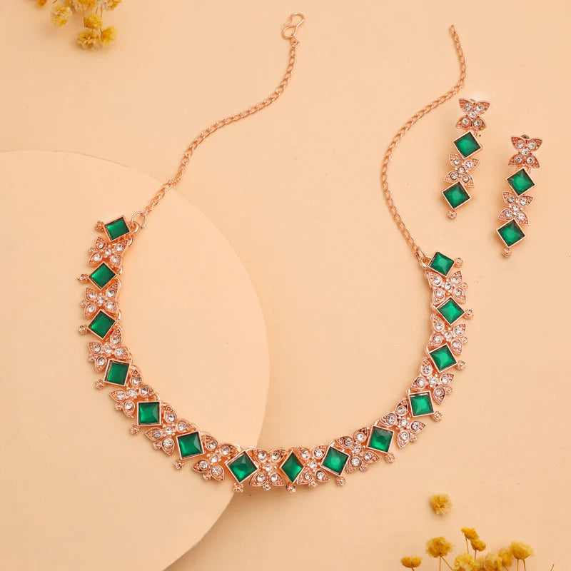 Tehzeeb Creation rose gold pleated green choker nacklace with dangle earrings THZ269
