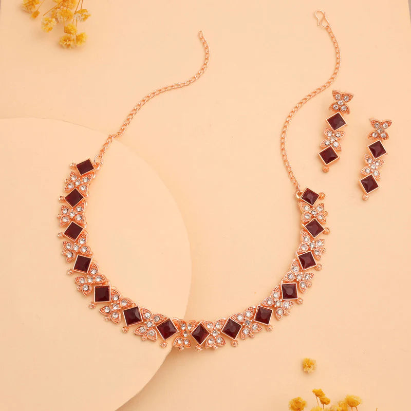 Tehzeeb Creation rose gold pleated maroon choker nacklace with dangle earrings THZ271