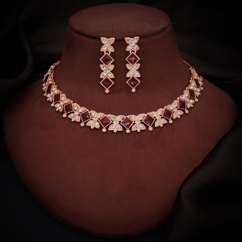 Tehzeeb Creation rose gold pleated maroon choker nacklace with dangle earrings THZ271
