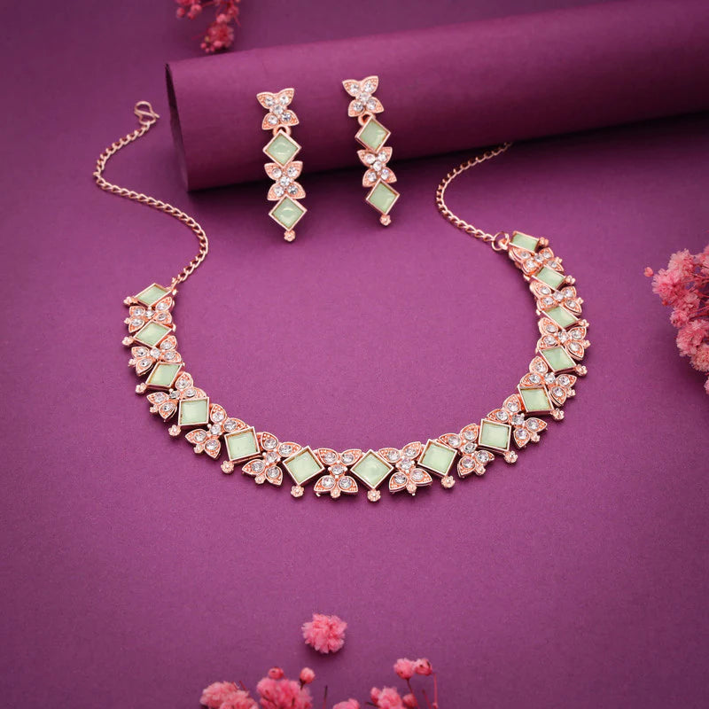 Tehzeeb Creation rose gold pleated sea green choker nacklace with dangle earrings THZ273