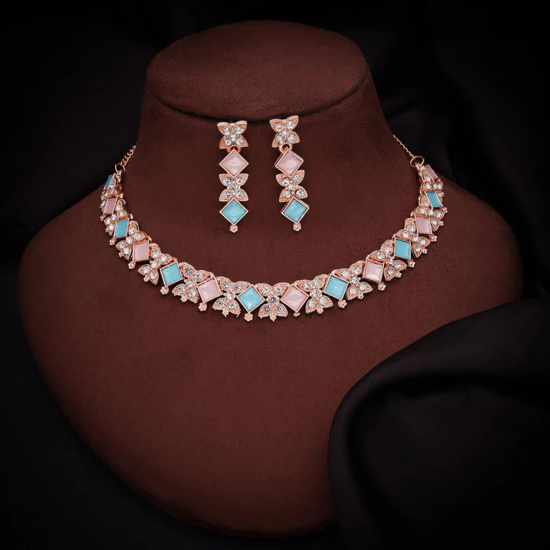 Tehzeeb Creation rose gold pleated sky & baby pink choker nacklace with dangle earrings THZ275