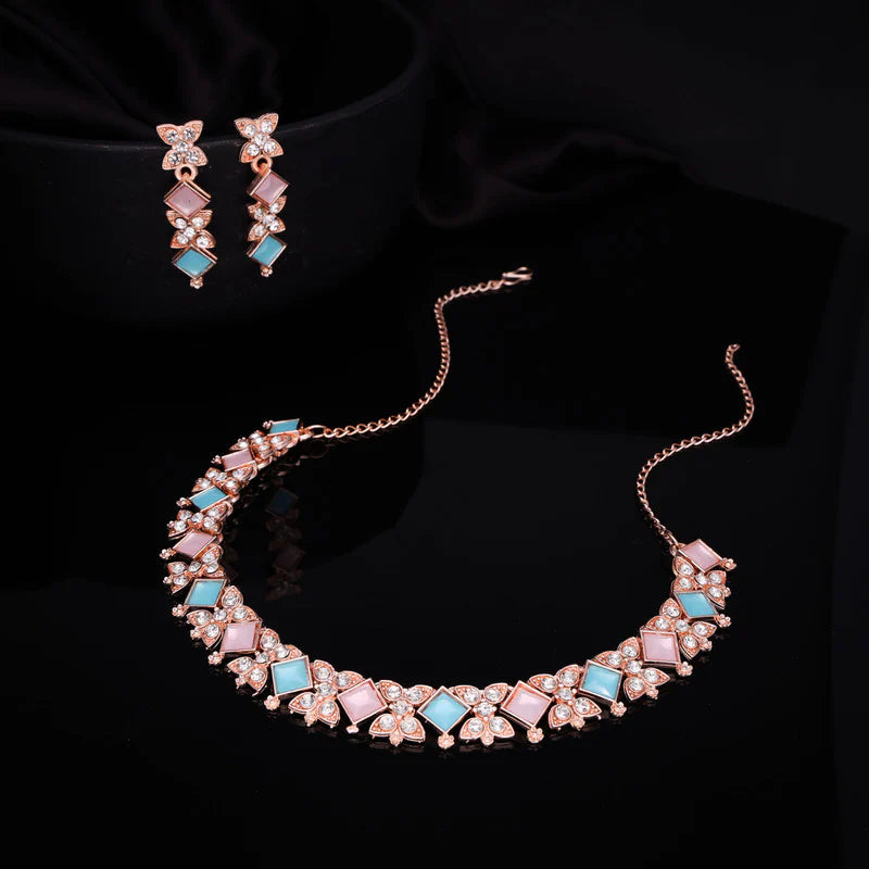 Tehzeeb Creation rose gold pleated sky & baby pink choker nacklace with dangle earrings THZ275