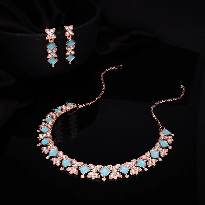 Tehzeeb Creation rose gold pleated sky blue choker nacklace with dangle earrings THZ276