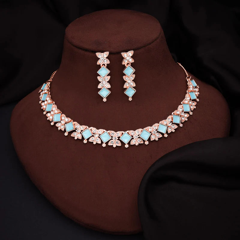 Tehzeeb Creation rose gold pleated sky blue choker nacklace with dangle earrings THZ276