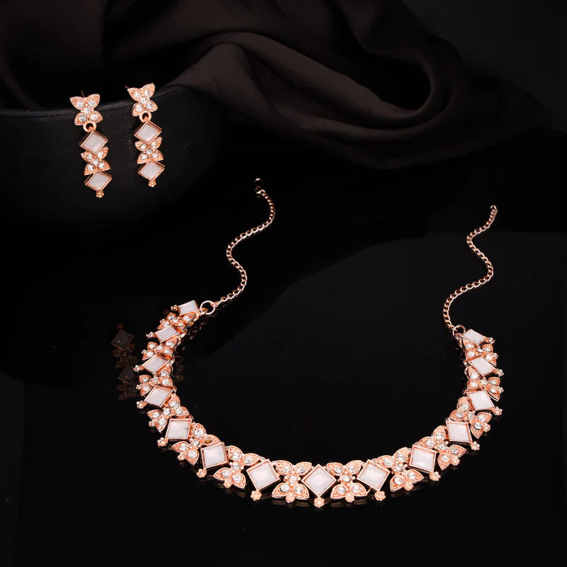 Tehzeeb Creation rose gold pleated white choker nacklace with dangle earrings THZ354