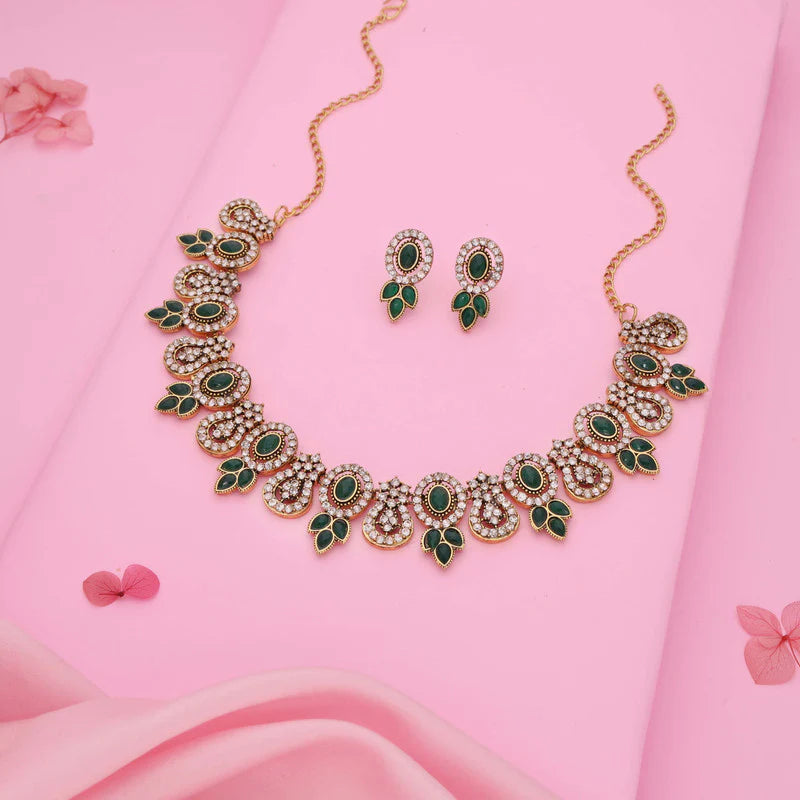 Tehzeeb Creation gold pleated green colour choker with dangle earrings THZ279