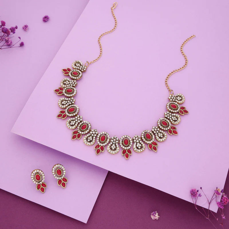 Tehzeeb Creation gold pleated pink colour choker with dangle earrings THZ282