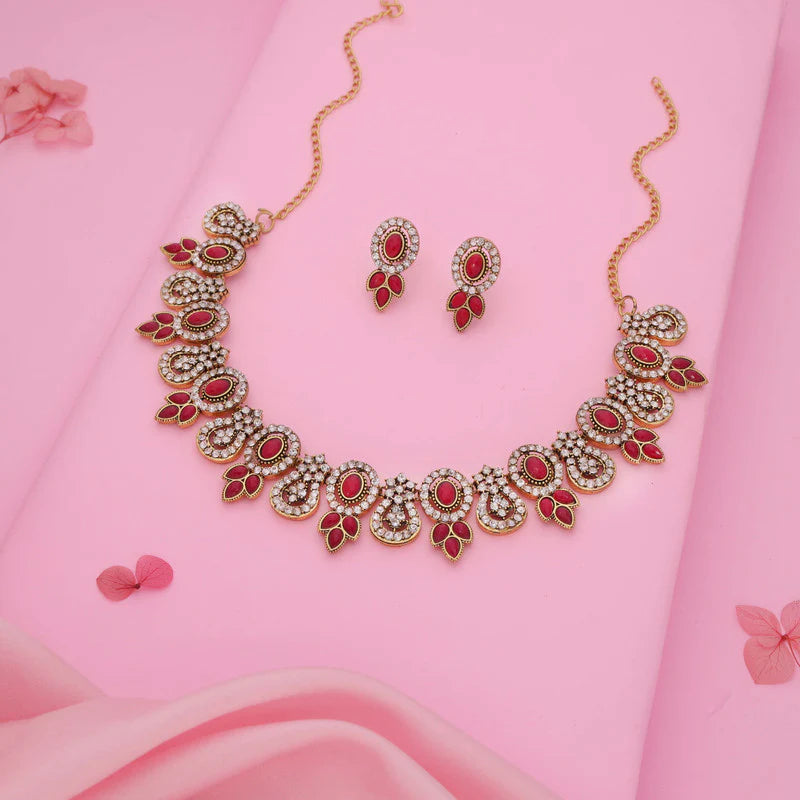 Tehzeeb Creation gold pleated pink colour choker with dangle earrings THZ282