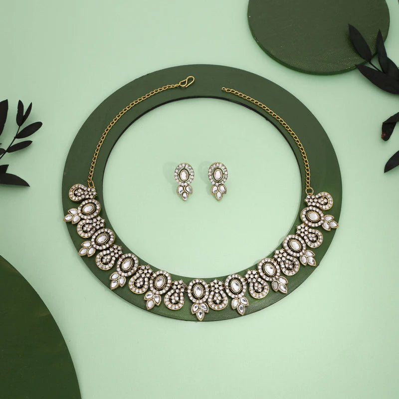 Tehzeeb Creation gold pleated white colour choker with dangle earrings THZ283