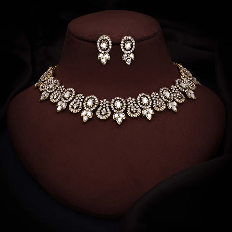 Tehzeeb Creation gold pleated white colour choker with dangle earrings THZ283