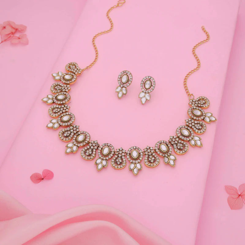 Tehzeeb Creation gold pleated white colour choker with dangle earrings THZ283