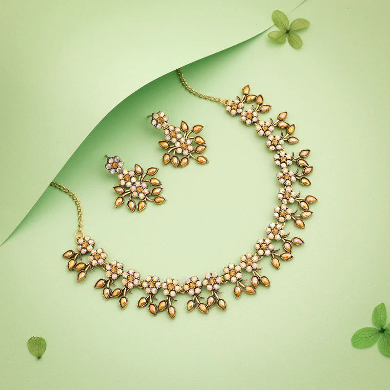 Tehzeeb Creation gold pleated yellow colour choker with dangle earrings THZ288