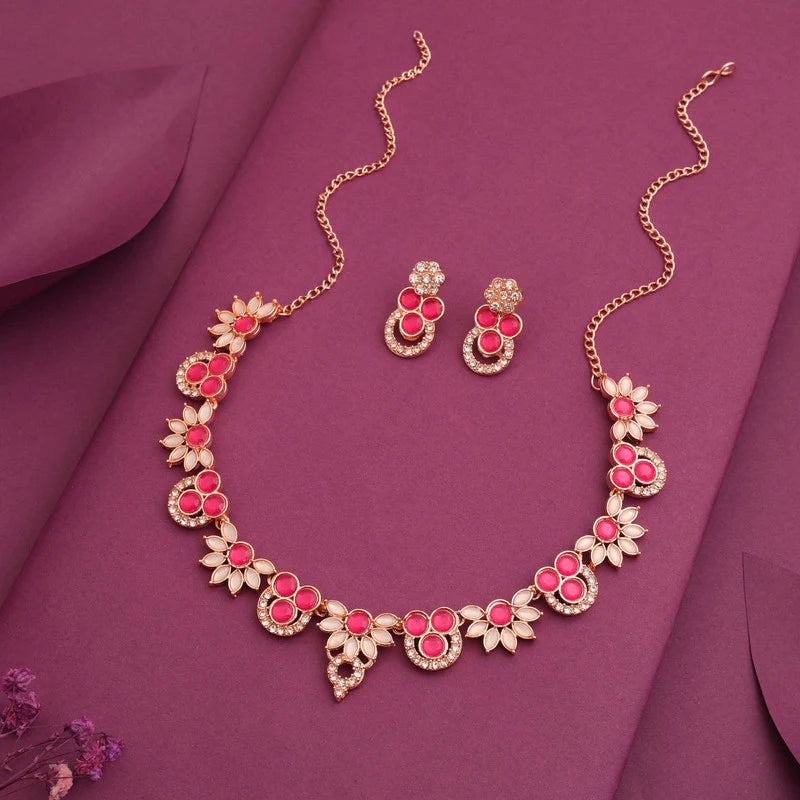 Tehzeeb Creation gold pleate pink choker nacklace with stud THZ295