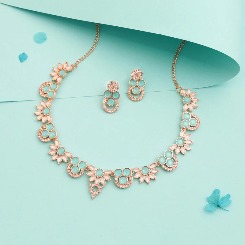 Tehzeeb Creation gold pleate sky blue choker nacklace with stud THZ297