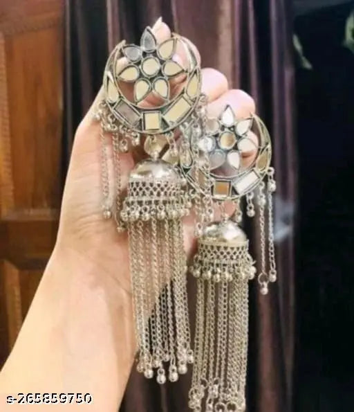 WOMENS SILVER COLOUR OXIDISED EARRINGS WITH MIRROR AND CHIAN THZ029