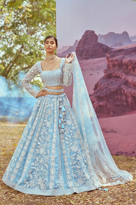 Aastha fashion Blue Organza lehanga blous Embroidery Work