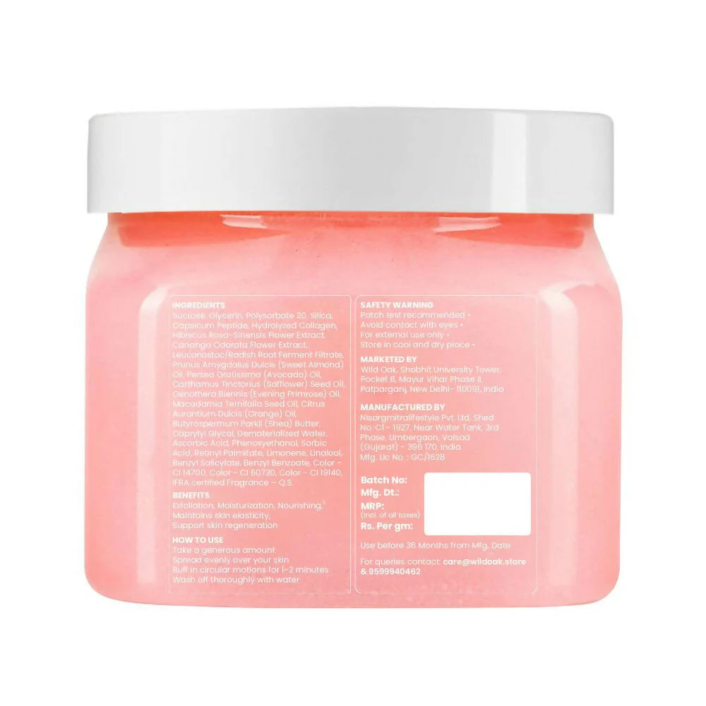 WildOak Pink Hibiscus Shea Butter Sugar Scrub | 300gm | With Ascorbic Acid, Vegan Collagen & Peptides | Tan Removal & Smooth Skin | Removes Dead Skin | Ultra Hydrating, Exfoliating & Moisturising Sugar Body Scrub
