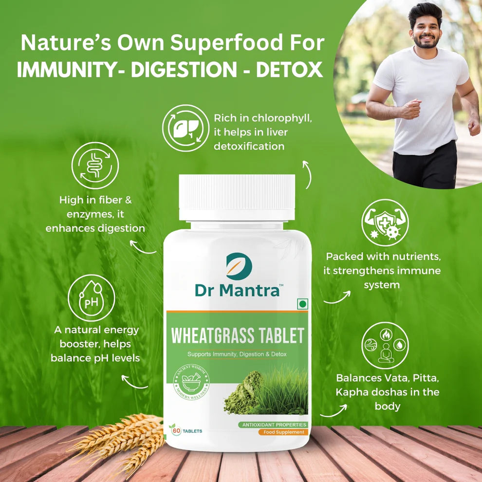 Dr Mantra Wheatgrass Tablets Superfood for Daily Detox| 60 Tablets