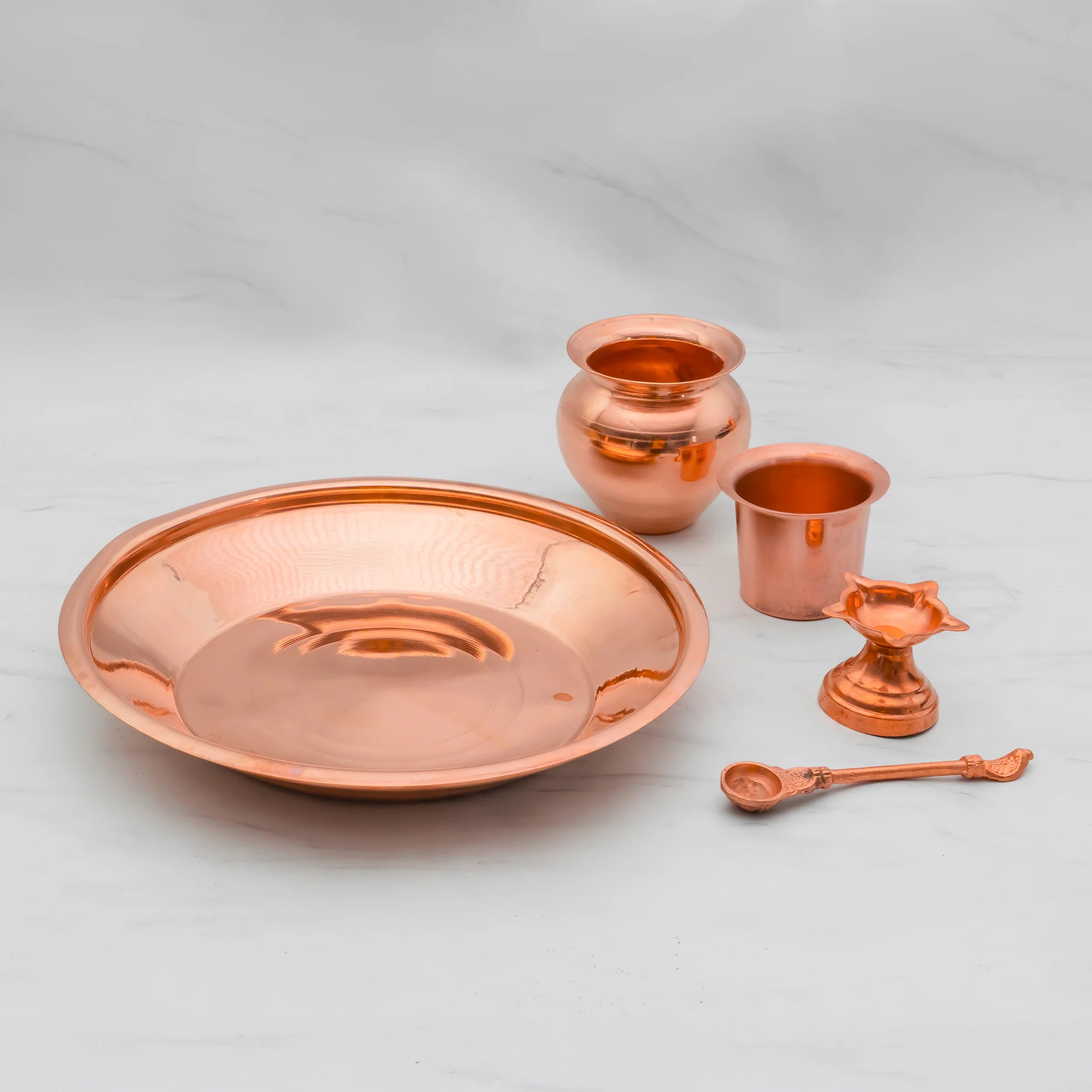Health Smith Pure Copper Pooja Thali Set - 5 Items | Pooja Thali Set with 1 Plate, 1 Kalash, 1 Fullpatra, 1 Pali, and 1 Niranjan