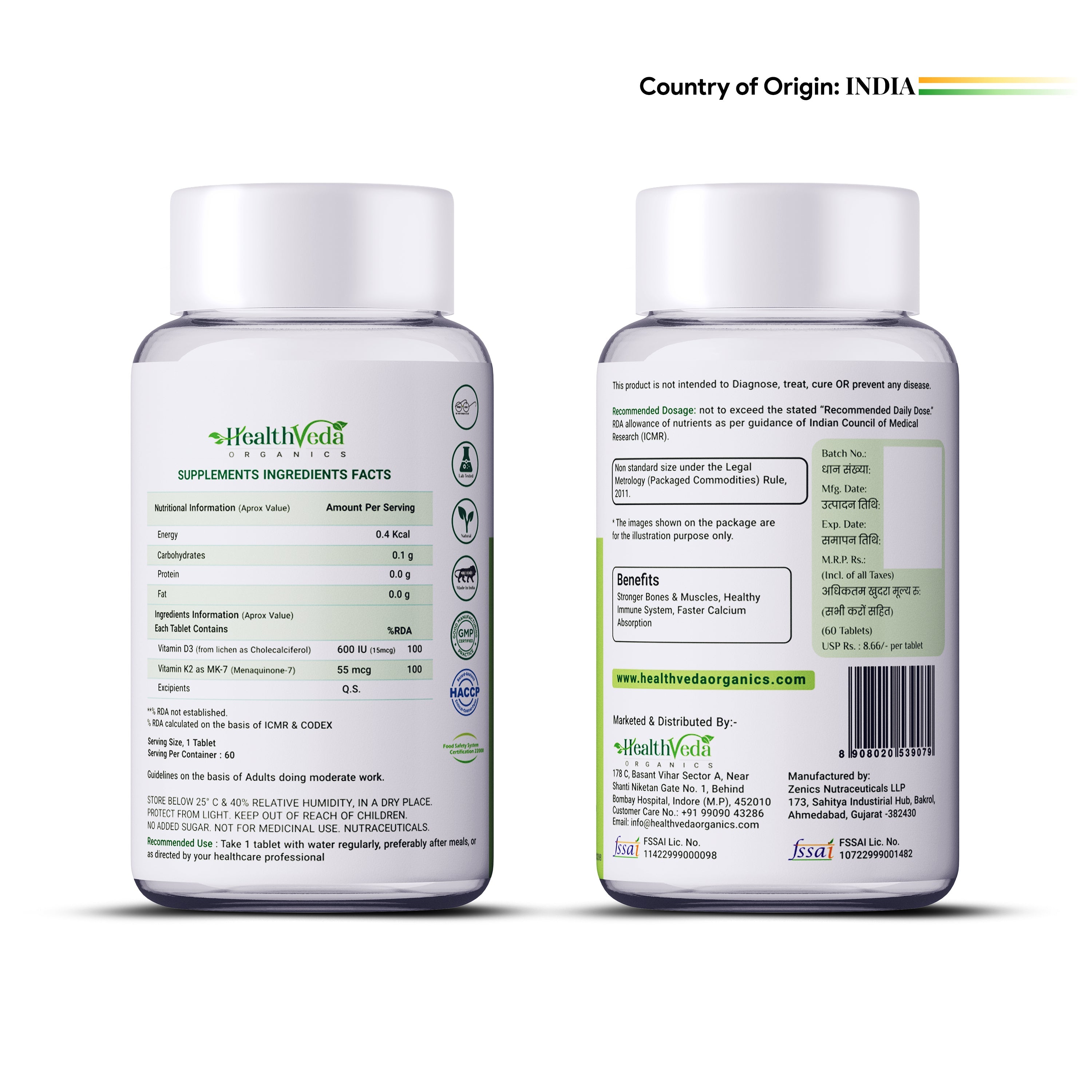 Health Veda Organics Vitamin D3 + K2 Healthy Bones Tablets
