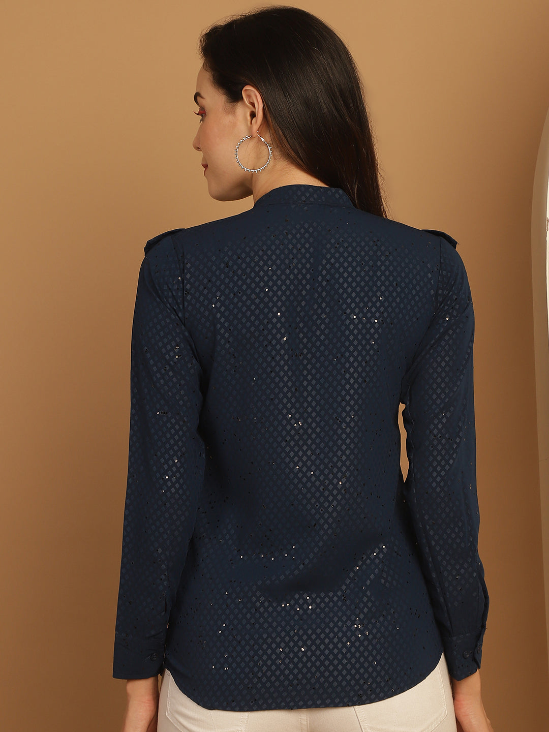 Blue Woven Design Frill Top