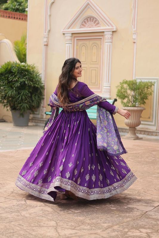 Aastha Purple Chinon Cotton with Gown fabric Tebby Silk