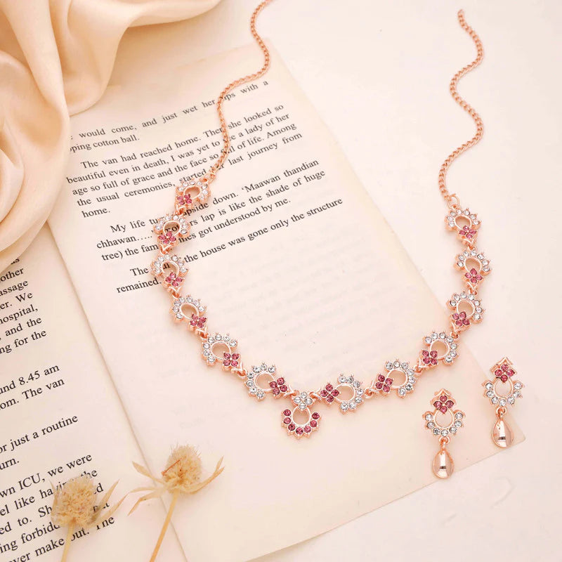 Tehzeeb Creation gold pleated pink diamond nacklace with earrings THZ302