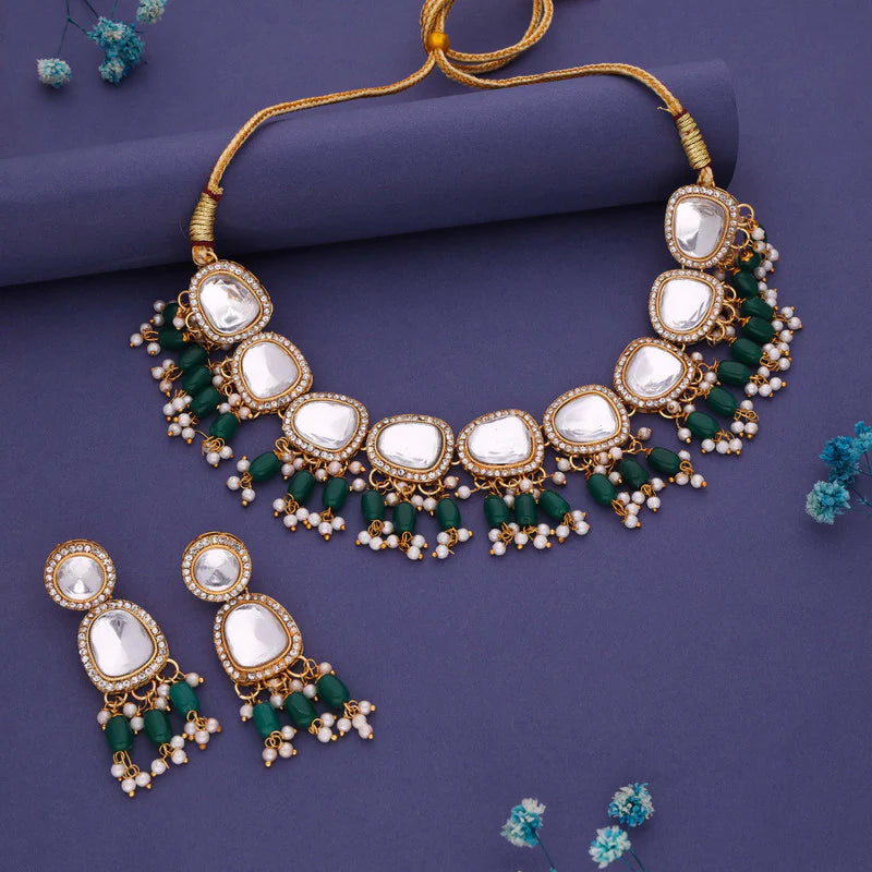Tehzeeb Creation gold pleated kundan green colour nacklace with earrings THZ304