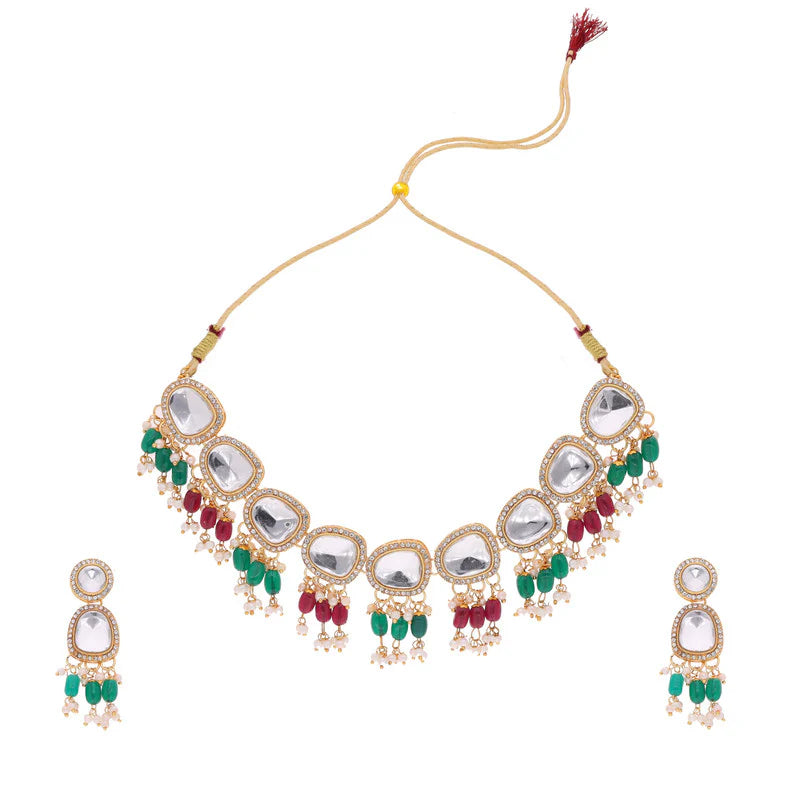 Tehzeeb Creation gold pleated kundan green & maroon colour nacklace with earrings THZ305