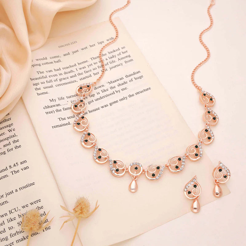 Tehzeeb Creation brass rose gold pleated green colour nacklace with earrings