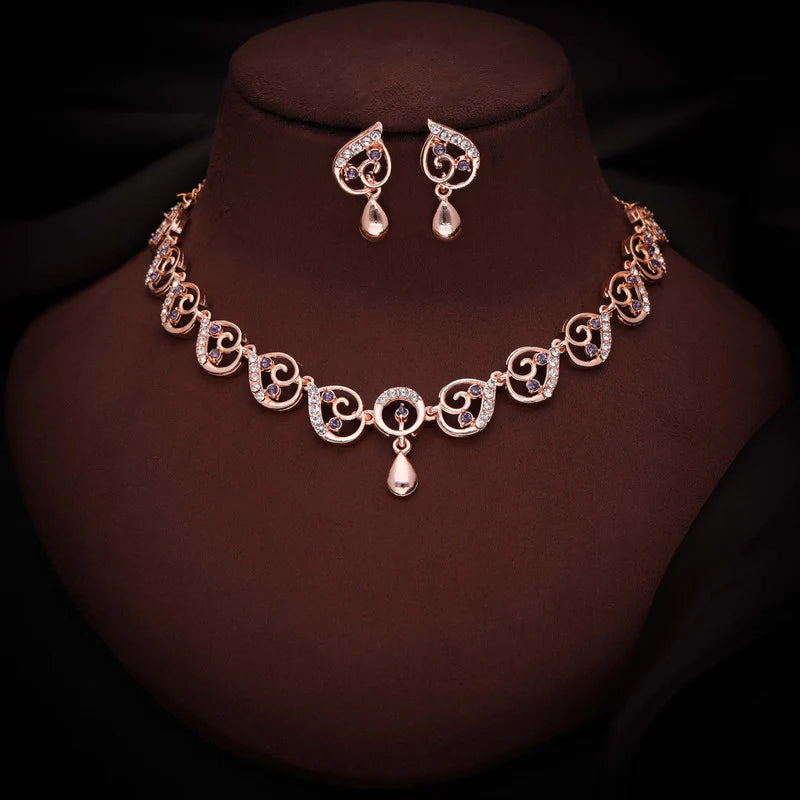 Tehzeeb Creation brass rose gold pleated lavender colour nacklace with earrings THZ307
