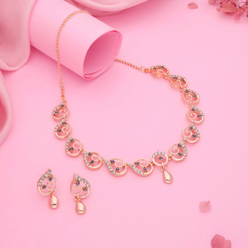 Tehzeeb Creation brass rose gold pleated lavender colour nacklace with earrings THZ307
