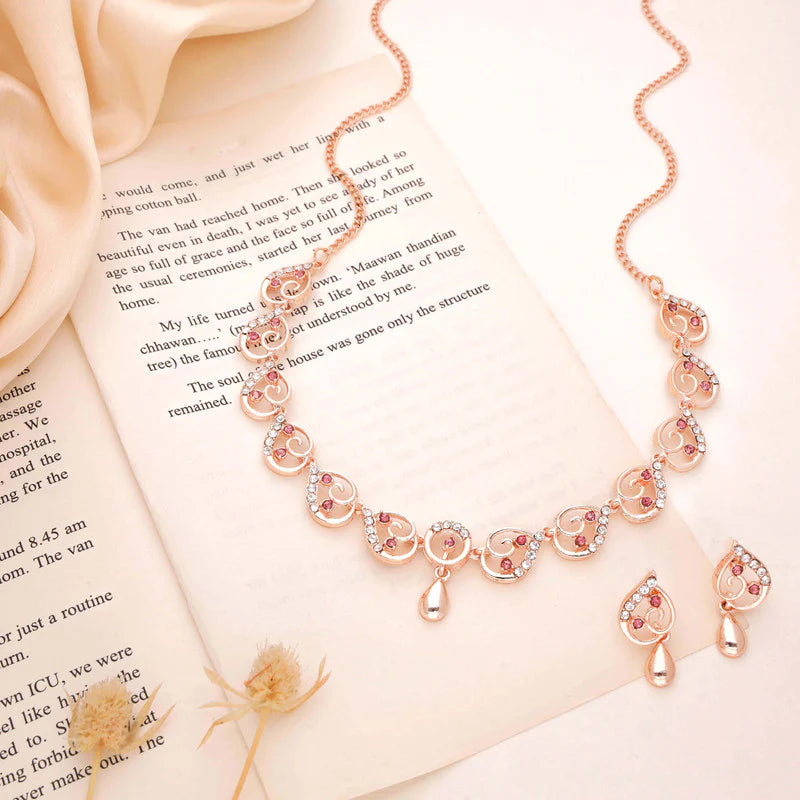 Tehzeeb Creation brass rose gold pleated pink colour nacklace with earrings THZ309
