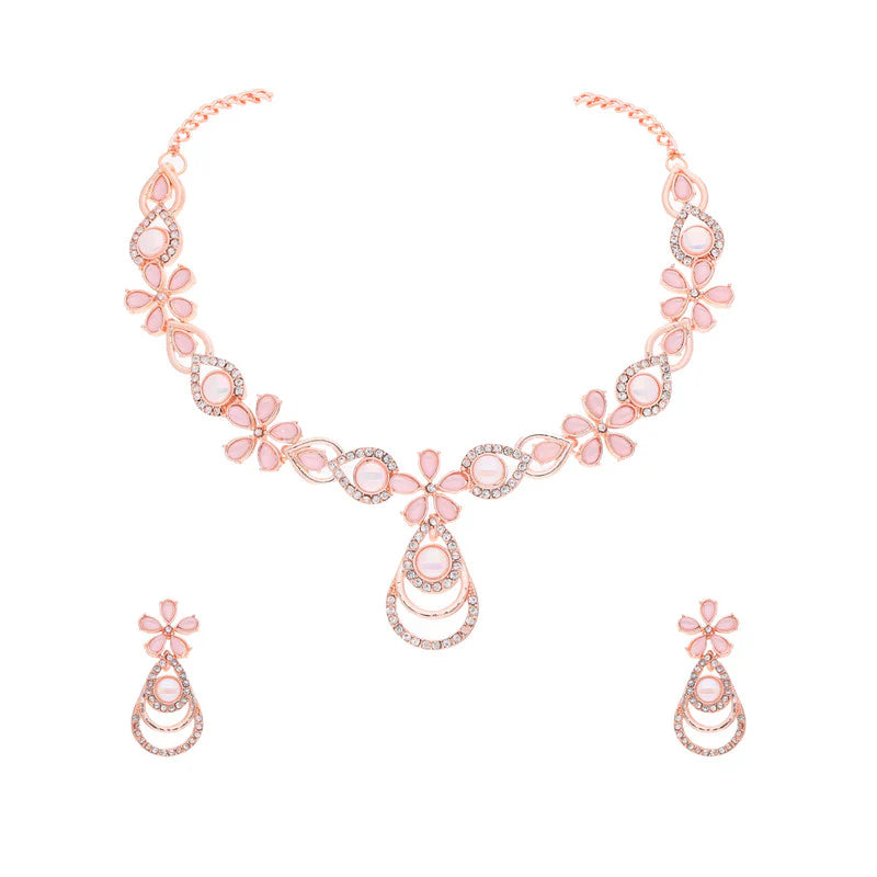 Thezeeb Creation rose gold pleated baby pink colour nacklace with stud THZ319