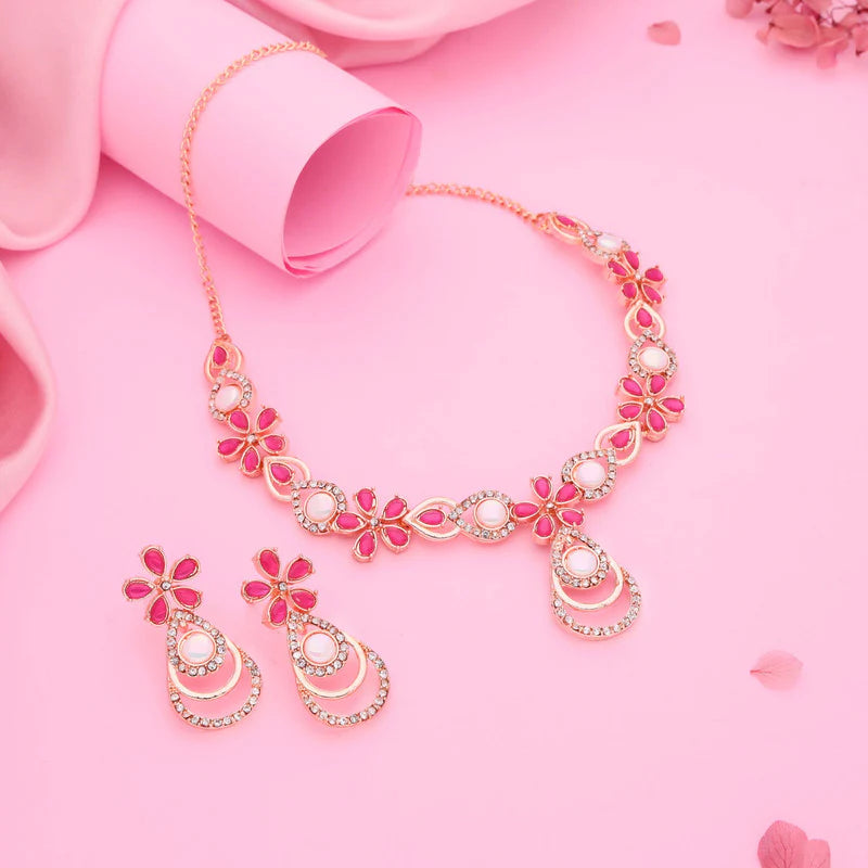 Thezeeb Creation rose gold pleated pink colour nacklace with stud THZ322