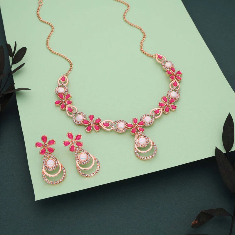 Thezeeb Creation rose gold pleated pink colour nacklace with stud THZ322