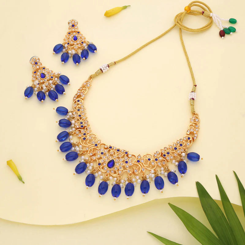 Tehzeeb Creation gold pleated blue colour nacklace with stud THZ325