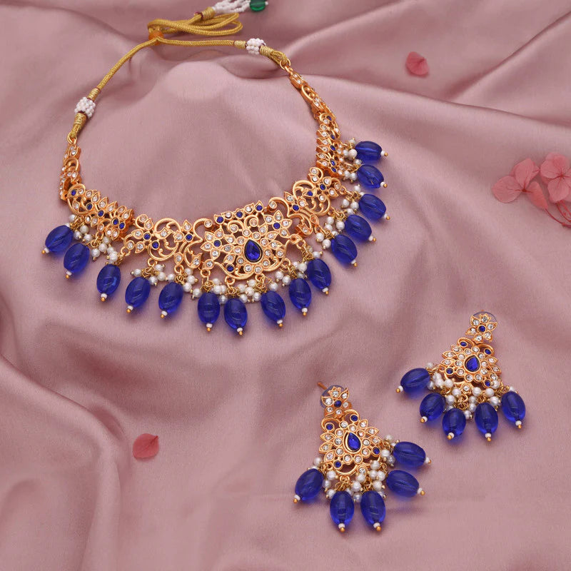 Tehzeeb Creation gold pleated blue colour nacklace with stud THZ325