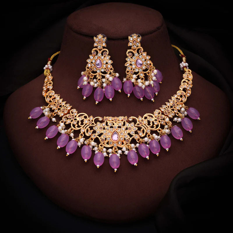 Tehzeeb Creation gold pleated lavender colour nacklace with stud THZ327